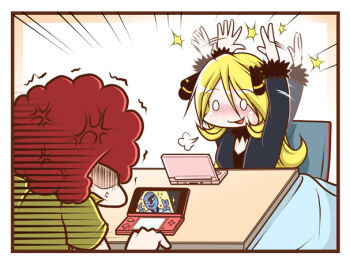 00s 1boy 1girl afterimage artist_self-insert blonde_hair clapping cynthia_(pokemon) double_v elite_four flint_(pokemon) gen_5_pokemon handheld_game_console nintendo nintendo_3ds pokemon pokemon_(creature) pokemon_dppt sawk sougetsu_(yosinoya35) sparkle v