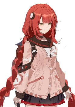 1girl absurdres baiser3rd black_choker black_sailor_collar black_skirt bow bowtie cardigan chest_bow choker cowboy_shot green_eyes highres long_hair pink_cardigan red_hair sailor_collar school skirt smile twintails ukinami_yuzuha white_background white_bow white_bowtie zenless_zone_zero