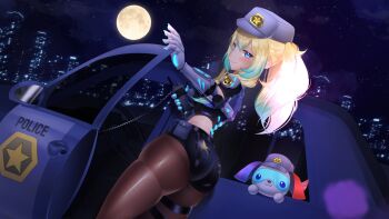 1girl ass black_shorts blonde_hair blue_eyes blue_hair blush car ceru_foxhound city_lights closed_mouth colored_tips cyborg dog full_moon grey_hat hat highres moon motor_vehicle multicolored_hair night night_sky pantyhose police police_car police_uniform policewoman short_shorts shorts sky smile star_(symbol) star_in_eye symbol_in_eye tail tail_wagging thigh_strap twintails vallure virtual_youtuber yumiyumiworks
