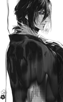 Rule 34 | 1boy, bungou stray dogs, cat, closed mouth, commentary, fyodor dostoyevsky (bungou stray dogs), greyscale, hair between eyes, hand on own neck, lips, looking at viewer, male focus, monochrome, short hair, simple background, solo, upper body, white background, xnmf10