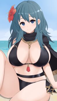 1girl absurdres beach bikini black_bikini black_cape blue_eyes blue_hair blue_sky blush breasts cape cleavage closed_mouth commentary_request female_byleth_(fire_emblem) female_byleth_(summer)_(fire_emblem) fire_emblem fire_emblem:_three_houses fire_emblem_heroes flower hair_flower hair_ornament hibiscus highres huge_breasts kocha_(jgug7553) long_hair looking_at_viewer navel nintendo ocean official_alternate_costume outdoors red_flower sideboob sitting sky smile solo stomach swimsuit thick_thighs thighs water