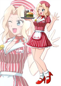 Rule 34 | 1girl, apron, breasts, burger, cup, drinking straw, employee uniform, fast food, fast food uniform, food, girls und panzer, high heels, highres, holding, holding tray, kay (girls und panzer), ketchup, lettuce, long hair, omachi (slabco), one eye closed, soda, tray, waist apron, waitress