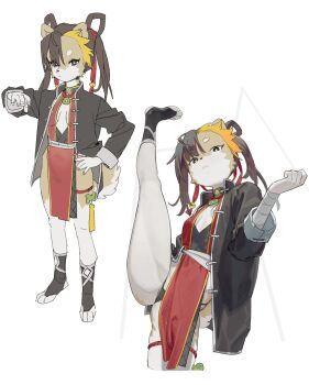1girl arm_wrap black_eyes black_jacket body_fur brown_hair chinese_clothes chinese_commentary commentary_request dog_girl dress full_body furry furry_female hand_on_own_hip high_kick highres jacket jianpan_xiafang_de_da_kongge kicking long_hair multiple_views open_clothes open_jacket original pelvic_curtain red_dress simple_background tail thong white_background yellow_fur