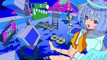 2girls ? afloat angel angel_wings artist_name barefoot beamed_eighth_notes blue_hair blue_halo blue_wings cable cd collared_shirt commentary computer computer_keyboard computer_tower crt cursor disc feet floating folder fuwa29ne halo heart highres holding holding_folder hourglass looking_at_viewer looking_to_the_side medium_hair monitor multiple_girls musical_note open_mouth original paper pink_eyes pool pool_ladder poolside shirt shorts sitting smile soaking_feet solitaire standing tile_floor tile_wall tiles toes two_side_up vaporwave water white_shirt white_shorts window_(computing) wings