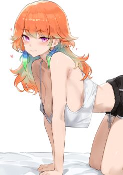 1girl absurdres all_fours bed black_pants black_shorts blue_hair bluefield blush breasts camisole dolphin_shorts earrings feathers hanging_breasts heart highres hololive hololive_english jewelry large_breasts long_hair multicolored_hair on_bed orange_hair pants purple_eyes shirt short_shorts shorts sideboob solo t-shirt takanashi_kiara tank_top virtual_youtuber white_background white_shirt