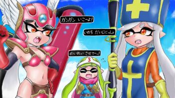 Rule 34 | + +, 3girls, armor, artist request, bad id, bad miiverse id, bikini armor, black hair, blunt bangs, bodysuit, breasts, callie (splatoon), cape, commentary, cosplay, crossover, day, dragon quest, dragon quest iii, eye contact, fang, martial artist (dq3), flying sweatdrops, gloves, green hair, gun, hand on own hip, hat, helmet, inkling, inkling girl, inkling player character, long hair, looking at another, marie (splatoon), martial artist (dq3) (cosplay), multiple girls, navel, nintendo, open mouth, orange eyes, paint roller, pointy ears, priest (dq3), priest (dq3) (cosplay), rifle, roto, roto (cosplay), roto (dq3), sharp teeth, sky, small breasts, sniper rifle, warrior (dq3), splatoon (series), splatoon 1, squidbeak splatoon, sweatdrop, takobe, teeth, tentacle hair, translation request, weapon, white hair, winged helmet