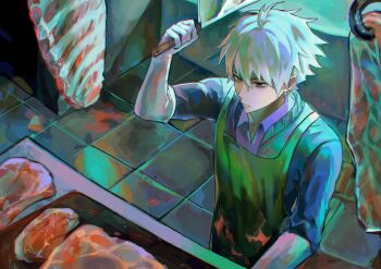 1boy absurdres ahoge apron bags_under_eyes black_apron black_shirt butcher butcher_shop_(place) butchering charan chromatic_aberration cleaver collared_shirt commentary food from_above ghostblade_(to_be_hero_x) grey_eyes hashtag-only_commentary highres holding holding_cleaver hook indoors meat meat_hook scenery shirt short_hair sleeves_rolled_up solo tile_floor tiles to_be_hero to_be_hero_x white_hair