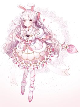 Rule 34 | 1girl, animal ears, anklet, bow, braid, closed mouth, commentary request, crown braid, detached collar, dress, flower, footwear flower, frilled dress, frills, full body, fur trim, hair bow, hair flower, hair ornament, hand up, highres, holding, holding staff, jewelry, leg ribbon, long hair, looking at viewer, noyu (noyu23386566), original, petals, pink dress, pink eyes, pink flower, pink hair, pink ribbon, pink shoes, pink theme, rabbit ears, rabbit girl, revision, ribbon, see-through clothes, shoes, single braid, smile, solo, staff, thighhighs, very long hair, wavy hair