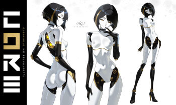 1girl artist_name ass black_hair black_sclera blonde_hair blonde_streaks breasts colored_sclera colored_skin commission contrapposto duplicate full_body high_heels highres joints looking_at_viewer mask medium_hair mouth_mask multicolored_hair multiple_views nipples nude original otokakoto pussy robot robot_girl robot_joints small_breasts solo standing stomach streaked_hair uncensored white_skin yellow_eyes