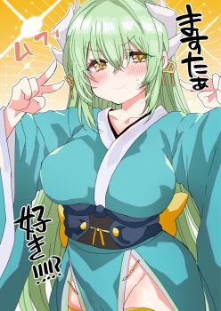 1girl :&gt; aqua_kimono arms_up blush breasts commentary_request cowboy_shot crossed_bangs double_v dragon_girl dragon_horns fate/grand_order fate_(series) green_hair hair_between_eyes hair_ornament half-closed_eyes horns japanese_clothes kimono kiyohime_(fate) large_breasts long_hair long_sleeves looking_at_viewer mamemix obi pelvic_curtain sash sidelocks smile smug solo standing sweat thighhighs v v-shaped_eyebrows very_long_hair wide_sleeves yellow_eyes
