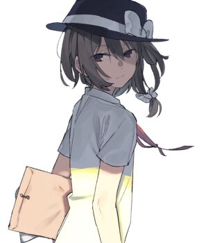 Rule 34 | 1girl, black hair, bow, brown eyes, brown hair, closed mouth, envelope, hair between eyes, hair bow, hat, hat bow, hitogome, holding, holding envelope, looking at viewer, looking back, manila envelope, shirt, short hair, short sleeves, simple background, solo, touhou, usami renko, white background, white bow, white shirt