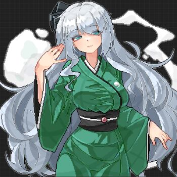 1girl alternate_costume alternate_hair_length alternate_hairstyle aqua_eyes black_background black_hairband breasts closed_mouth commentary cowboy_shot eaglov ghost green_kimono grey_hair hairband highres japanese_clothes kimono konpaku_youmu konpaku_youmu_(ghost) large_breasts long_hair long_sleeves looking_at_viewer pixel_art sash smile solo touhou very_long_hair wide_sleeves