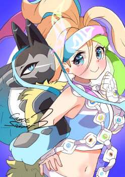 1girl 1other absurdres bandolier belt black_fur blonde_hair blue_eyes blue_fur blue_hair blush body_fur breasts carrot_summer closed_mouth commentary_request crop_top fingerless_gloves furry gen_4_pokemon gloves green_hair hair_between_eyes hairband highres korrina_(pokemon) locked_arms long_hair looking_at_viewer lucario mega_evolution_symbol mega_lucario_z mega_pokemon mega_stone midriff multicolored_fur navel nintendo pokemon pokemon_(creature) pokemon_legends:_z-a shorts sleeveless small_breasts smile solo white_gloves yellow_fur
