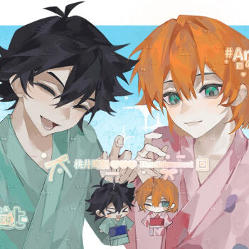 >_< 1boy 1girl aqua_eyes ash_ketchum black_hair blue_kimono blush character_doll chibi chinese_text closed_eyes closed_mouth doll green_eyes green_kimono japanese_clothes kimono long_sleeves looking_at_viewer lower_teeth_only misty_(pokemon) nintendo obi one_eye_closed open_mouth orange_hair pink_kimono pokemon pokemon_(anime) pokemon_(classic_anime) pokemon_ep020 robe sash short_hair smile teeth yukata