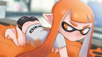 1girl 2023 :/ absurdres ass ass_focus back bare_legs barefoot bike_shorts blush eyebrows eyeshadow feet female_focus greatm8 highres inkling inkling_girl inkling_player_character legs loli looking_at_another looking_to_the_side makeup nintendo orange_eyes orange_eyeshadow orange_hair paint pointy_ears shirt short_shorts shorts skin_tight soles solo solo_focus splatoon_(series) splatoon_1 squid squid_girl tentacle_hair tentacles tight_clothes
