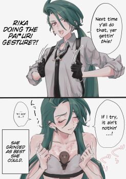 Rule 34 | 1girl, 1other, black gloves, blush, breasts, closed eyes, diglett, ear piercing, earrings, embarrassed, english text, gen 1 pokemon, gloves, green hair, grey shirt, hair over one eye, hair over shoulder, hard-translated, highres, implied paizuri, jewelry, looking at viewer, mtkpasta, necktie, next time you're getting this (meme), nintendo, paizuri, paizuri gesture, paizuri under clothes, piercing, pokemon, pokemon sv, ponytail, red eyes, rika (pokemon), sexually suggestive, shirt, sleeves rolled up, small breasts, speech bubble, suspenders, third-party edit, translated, triangle earrings, watermark