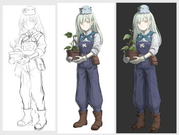1girl bang_dream! bang_dream!_it's_mygo!!!!! blue_neckerchief blue_overalls boots brown_boots chinese_commentary closed_mouth commentary_request cucumber_plant gloves green_hair hair_ornament hairclip long_hair looking_at_viewer making-of neckerchief octopus overalls plant potted_plant qm_dvn shirt togawa_sakiko wakaba_mutsumi white_gloves white_shirt