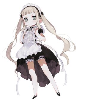 1girl absurdres alternate_costume angry apron black_dress black_ribbon black_shoes blonde_hair bloomers blunt_bangs blush center_frills commentary_request dress elle_mel_marta enmaided frilled_apron frills full_body green_eyes hair_ornament hair_scrunchie highres long_hair looking_at_viewer maid maid_headdress mary_janes nancykittyu neck_ribbon puffy_short_sleeves puffy_sleeves ribbon scrunchie shoes short_sleeves simple_background solo tales_of_(series) tales_of_xillia tales_of_xillia_2 twintails underwear v-shaped_eyebrows waist_apron white_apron white_background