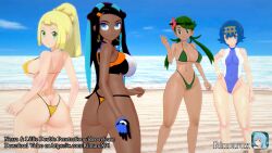 4girls ass beach breasts butt_crack cleavage dark-skinned_female dark_skin highres koikatsu lana_(pokemon) lillie_(pokemon) mallow_(pokemon) multiple_girls nessa_(pokemon) nintendo pokemon pokemon_sm pokemon_swsh rimurux self-upload swimsuit tagme thong