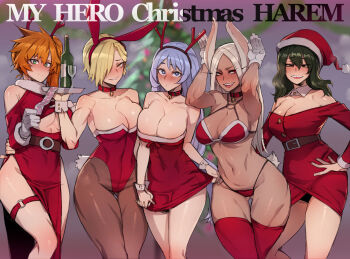 Rule 34 | 5girls, animal ears, bare shoulders, bell, belt, bikini, black hair, blonde hair, blue eyes, blue hair, blush, boku no hero academia, bottle, breasts, christmas, cleavage, collar, cup, dark-skinned female, dark skin, detached collar, dress, drinking glass, fake animal ears, fake antlers, fake tail, fangs, female focus, gloves, hado nejire, hair over one eye, hairband, harem, hat, highleg, highleg bikini, highleg leotard, holding, holding tray, jingle bell, kendou itsuka, large breasts, leotard, long hair, looking at viewer, matching hair/eyes, midriff, mirko, multiple girls, muscular, muscular female, navel, orange hair, pantyhose, playboy bunny, rabbit ears, rabbit girl, rabbit pose, rabbit tail, ratatatat74, red dress, red eyes, red headwear, red legwear, red leotard, ryuukyuu, santa bikini, santa costume, santa hat, smile, standing, swimsuit, tail, thick thighs, thighhighs, thighs, tokage setsuna, tray, underboob, white gloves, white hair, wine glass, wrist cuffs