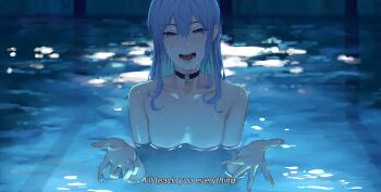 1girl absurdres beckoning black_choker blue_eyes blue_hair choker hair_between_eyes highres hololive hoshimachi_suisei i&#039;ll_teach_you_everything_(chainsaw_man) implied_nudity kizuru09 light_reflection_(water) long_hair looking_at_viewer movie_reference open_hands open_mouth partially_submerged pool scene_reference skinny_dipping solo star_(symbol) star_choker star_in_eye symbol_in_eye virtual_youtuber wet wet_hair
