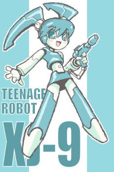 1girl android blue_eyes blue_skirt blue_tank_top boots colored_skin gun handgun humanoid_robot jenny_wakeman joints kaneko_shin&#039;ya mechanical_hair metal_skin my_life_as_a_teenage_robot nickelodeon robot robot_girl robot_joints skirt solo tank_top twintails weapon white_skin
