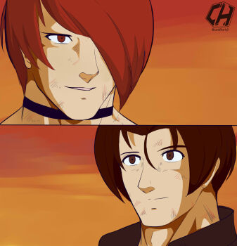 brown_hair charlyarts dragon_ball goodbye highres kusanagi_kyou male_focus multiple_boys red_hair reference rivalry snk the_king_of_fighters yagami_iori