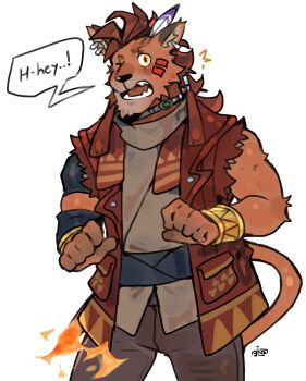 Rule 34 | 1boy, ^^^, absurdres, commentary, english commentary, english text, fangs, feather hair ornament, feathers, fiery tail, final fantasy, final fantasy vii, fire, graysheartart, hair ornament, highres, mane, open mouth, red fur, red hair, red vest, red xiii, scar, scar on face, speech bubble, surprised, tail, vest, white background