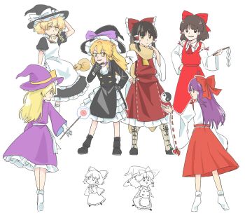 6+girls apron ascot black_boots black_hat black_jacket blonde_hair boots bow braid bread bread_slice broom broom_riding brown_eyes brown_hair commentary_request detached_sleeves dress embodiment_of_scarlet_devil food food_in_mouth forbidden_scrollery frilled_bow frilled_hair_tubes frilled_skirt frills gloves gohei hair_bow hair_tubes hakurei_reimu hakurei_reimu_(pc-98) hat hat_bow highres holding holding_gohei holding_wand jacket kirisame_marisa kirisame_marisa_(pc-98) ktune_udon long_hair mouth_hold multiple_girls multiple_persona official_alternate_costume open_mouth puffy_short_sleeves puffy_sleeves purple_bow purple_dress purple_hat red_ascot red_bow red_skirt ribbon-trimmed_clothes ribbon-trimmed_sleeves ribbon_trim scarf short_sleeves side_braid single_braid skirt skirt_set smile socks touhou touhou_(pc-98) waist_apron wand white_bow white_gloves white_socks witch_hat yellow_ascot yellow_boots yellow_eyes yellow_scarf