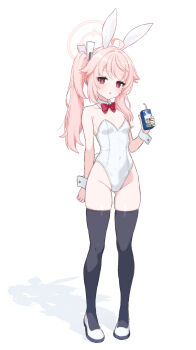 1girl ahoge alternate_costume animal_ear_hairband animal_ears armpit_crease asymmetrical_hair bare_shoulders black_thighhighs blue_archive blush bow bowtie breasts bright_pupils collarbone commentary_request covered_navel detached_collar drink drink_carton fake_animal_ears fake_tail full_body groin hairband halo hand_up highleg highleg_leotard highres holding holding_drink holding_milk_carton leotard long_hair looking_at_viewer milk_carton moyashi_dorobou natsu_(blue_archive) parted_lips pink_hair pink_halo playboy_bunny rabbit_ear_hairband rabbit_ears rabbit_tail red_bow red_bowtie red_eyes shadow shoes side_ponytail sidelocks simple_background skindentation small_breasts solo standing strapless strapless_leotard tail thighhighs white_background white_hairband white_leotard white_pupils white_shoes white_wrist_cuffs wrist_cuffs