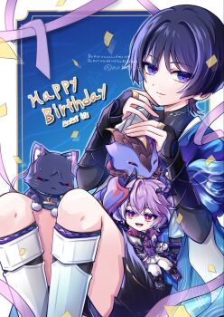 2boys animal animal_on_lap animalization armor belt black_belt black_bodysuit black_boots black_bridal_gauntlets black_cat black_hair black_horns black_shirt black_shorts black_sleeves blue_background blue_cape blunt_ends bodysuit boots border bridal_gauntlets bright_pupils cape cat cat_on_lap closed_mouth confetti covered_collarbone crossed_bangs dated diamond-shaped_pupils diamond_(shape) dragon dragon_boy durin_(genshin_impact) eyeliner facial_mark fangs fingernails forehead_mark furisode gem genshin_impact gloves gold_ring hair_between_eyes hakama hakama_shorts hands_up happy_birthday heart-shaped_gem highres horns japanese_armor japanese_clothes kimono kote kurokote long_sleeves looking_at_viewer makeup mandarin_collar middle_ring mini_durin_(genshin_impact) mini_person miniboy multiple_boys natuo_e on_lap open_mouth pants person_and_animalization pleated_shorts purple_eyes purple_hair purple_pupils purple_ribbon purple_rope purple_vest red_eyeliner red_eyes red_gemstone ribbon rope scaramouche_(cat)_(genshin_impact) scaramouche_(genshin_impact) shirt shorts sitting sitting_on_lap sitting_on_person small_dragon smile symbol-shaped_pupils tsurime twitter_username undershirt vest wanderer_(genshin_impact) watermark white_border white_gloves white_kimono white_pants white_pupils white_trim wispy_bangs