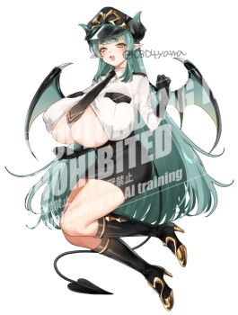 0304yama 1girl black_boots black_gloves black_hat black_necktie black_skirt blush boots breasts cleavage collared_shirt commentary_request demon_horns demon_tail demon_wings full_body gloves green_hair hat horns huge_breasts long_hair long_sleeves looking_at_viewer necktie open_mouth original pointy_ears shirt simple_background skirt solo tail thighs twitter_username watermark white_background white_shirt wings yellow_eyes