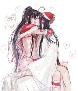 2boys ahoge alternate_costume bikini bite_mark black_hair blush capelet chinese_clothes christmas closed_eyes commentary_request couple crossdressing crossdressing_(mtf) elbow_gloves english_text fur-trimmed_capelet fur-trimmed_gloves fur-trimmed_headwear fur_trim gloves grabbing_another's_ass groping hair_ribbon hand_on_another's_ass hanfu hat heart hickey highres hug kiss ktxxok lan_wangji long_hair long_sleeves male_focus merry_christmas modao_zushi multiple_boys navel parted_lips ponytail red_bikini red_capelet red_gloves red_ribbon revealing_clothes ribbon robe santa_bikini santa_costume santa_hat sidelocks sitting sitting_on_lap sitting_on_person sketch smile sweat swimsuit trap twitter_username underwear undressing_another very_long_hair wei_wuxian white_hanfu wide_sleeves yaoi