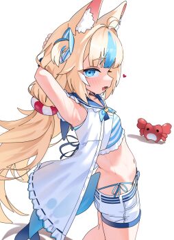 1girl animal_ears armpits arms_up bikini bikini_bottom_under_shorts bikini_under_clothes blonde_hair blue_bikini blue_eyes blue_streaks breasts cat_ears commentary crab dress fins fish_tail gurumie heart highres indie_virtual_youtuber kaniki_(sameko_saba) lifebuoy_hair_ornament low_twintails navel one_side_up open_clothes open_dress open_mouth sailor_dress sameko_saba shorts simple_background sleeveless sleeveless_dress small_breasts swimsuit tail twintails virtual_youtuber white_background white_dress white_shorts