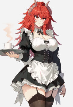 1girl absurdres alternate_costume apron black_dress black_garter_straps black_nails black_thighhighs breasts cleavage closed_mouth dragon_girl dragon_horns dress garter_straps highres holding holding_tray horns indie_virtual_youtuber large_breasts looking_at_viewer maid maid_apron meibin nail_polish red_hair smile solo thighhighs tray virtual_youtuber yellow_eyes zentreya zentreya_(dragon)