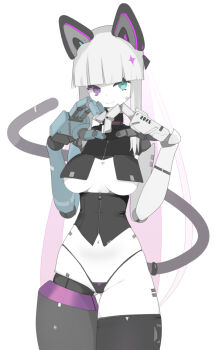 1girl android animal_ears blunt_bangs breasts cat_ears colored_skin commentary_request cowboy_shot green_eyes heart heart_hands heterochromia highleg highleg_panties highres long_hair looking_at_viewer mecha_musume mechanical_arms mechanical_ears mechanical_hands mechanical_legs mechanical_tail medium_breasts multicolored_hair nanatsuki_sousuke navel original panties pink_hair purple_eyes robot_girl simple_background smile solo tail underwear very_long_hair white_background white_hair white_skin