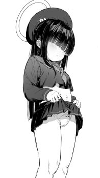 1girl absurdres beret blue_archive blunt_bangs blush bow bow_panties breasts closed_mouth clothes_lift cowboy_shot crop_top crop_top_overhang faceless faceless_female female_focus greyscale hair_over_eyes halo hat highres justice_task_force_member_(blue_archive) lifting_own_clothes loli long_hair long_sleeves looking_at_viewer midriff miniskirt monochrome navel neckerchief panties pleated_skirt school_uniform serafuku shirt shuru_y simple_background skirt skirt_lift small_breasts smile solo standing thighs underwear very_long_hair white_background