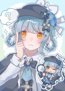 1girl :&lt; ? black_capelet black_hat blue_hair blue_neckerchief bow braid braided_hair_rings capelet chibi chibi_inset closed_mouth commentary_request deerstalker detective hair_bow hair_rings hand_up hat highres holding holding_magnifying_glass index_finger_raised ki_(ki_n_x_n) long_sleeves looking_at_viewer magnifying_glass mahou_shoujo_no_majo_saiban neckerchief one_eye_closed outline short_hair sparkle speech_bubble spoken_question_mark tachibana_sherry thought_bubble white_outline yellow_eyes