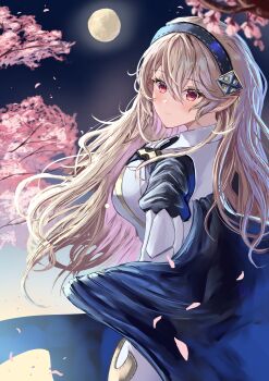 Rule 34 | 1girl, absurdres, arerex, black hairband, blonde hair, branch, breasts, cherry blossoms, commentary, falling petals, female corrin (fire emblem), fire emblem, fire emblem fates, from side, hair between eyes, hairband, highres, long hair, looking at viewer, medium breasts, moon, night, nintendo, petals, red eyes, solo, tree