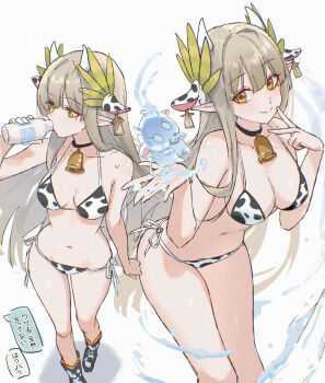 1girl absurdres animal_ear_hairband animal_ears animal_print arknights bell bikini black_choker black_shoes bottle breasts choker commentary_request cow cow_ear_hairband cow_ears cow_horns cow_print cow_print_bikini cowbell dot_nose drinking elf fake_animal_ears green_hair hairband highres horns hydrokinesis jewelry laurel_crown laurels leaning_forward long_hair looking_at_viewer medium_breasts milk milk_bottle mole mole_under_eye muelsyse_(arknights) multiple_views navel neck_bell necklace pointing pointing_at_self pointy_ears print_bikini request_inset shoes side-tie_bikini_bottom simple_background smile speech_bubble split_mouth sweatdrop swimsuit translation_request uof v water white_background yellow_eyes