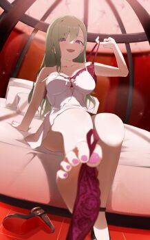 1girl art_eichi bare_legs bra breasts cage camisole collarbone commentary_request feet foot_focus green_hair high_heels highres in_cage lace_trim large_breasts lingerie long_hair looking_at_viewer off_shoulder on_bed panties partial_commentary pink_nails purple_eyes red_bra red_panties red_theme sitting solo spaghetti_strap underwear undressing virtual_youtuber vspo! white_camisole yakumo_beni