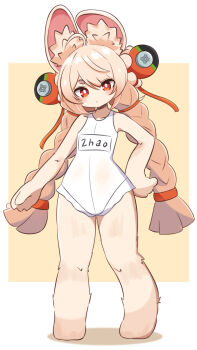1girl ahoge animal_ear_fluff animal_ears blush braid bright_pupils ear_piercing furry furry_female highres long_hair looking_at_viewer neropizza one-piece_swimsuit piercing pink_fur pink_hair rabbit_ears rabbit_girl red_eyes short_eyebrows solo swimsuit thick_eyebrows twin_braids white_fur white_pupils zenless_zone_zero zhao_(zenless_zone_zero)