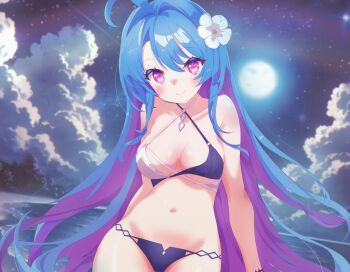 1girl ahoge arbiter1 azur_lane bare_shoulders beach bikini blue_hair breasts criss-cross_halter flower full_moon hair_flower hair_ornament halterneck helena_(azur_lane) helena_(shimmering_triangle_wave)_(azur_lane) highres long_hair looking_at_viewer medium_breasts moon multicolored_bikini navel night official_alternate_costume purple_eyes smile swimsuit two-tone_bikini very_long_hair white_flower