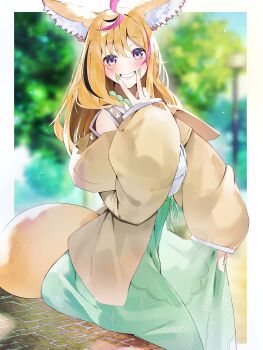 1girl absurdres ahoge alternate_hairstyle animal_ear_fluff animal_ears black_hair blonde_hair blouse brown_jacket commentary_request fox_ears fox_girl fox_tail green_nails green_skirt grin highres hololive jacket long_hair long_skirt long_sleeves looking_at_viewer multicolored_hair no_panties official_alternate_costume omaru_polka omaru_polka_(casual) outdoors park pink_hair purple_eyes see-through_clothes see-through_sleeves shirt short_sleeves skirt smile solo streaked_hair tail tsushi v v_over_mouth virtual_youtuber white_shirt