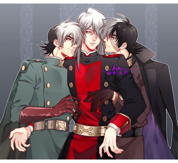 Rule 34 | 3boys, absurdres, belt, black belt, black coat, black gloves, black jack (character), black jack (series), black jacket, coat, commentary request, dual persona, gloves, gold belt, green jacket, grey hair, hair over one eye, hi no tori 2772, highres, jacket, kin2401y, kiriko (black jack), letterboxed, male focus, multicolored hair, multiple boys, prime rose, red eyes, rubber gloves, split-color hair, stitched face, stitches, yaoi