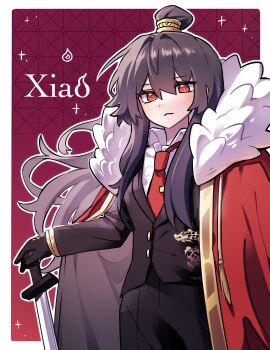 Rule 34 | 1girl, :<, black gloves, black hair, black jacket, black pants, closed mouth, coat, coat on shoulders, commentary, cowboy shot, fur collar, gloves, gold trim, hair bun, highres, jacket, kuaengku, library of ruina, liu association south uniform, long hair, pants, project moon, red coat, red eyes, sidelocks, solo, sword, symbol-only commentary, weapon, xiao (project moon)