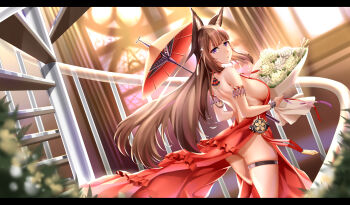 1girl absurdres amagi_(azur_lane) animal_ear_fluff animal_ears armband ass azur_lane bare_shoulders bareback black_border blunt_bangs border bouquet breasts brown_hair commentary_request dress earrings flower fox_ears frilled_dress frills hair_ornament head_tilt highres holding holding_bouquet holding_umbrella huge_breasts indoors jewelry jfzm001 kitsune kyuubi large_breasts letterboxed long_hair looking_at_viewer looking_back multiple_tails oil-paper_umbrella parted_bangs plant purple_eyes red_dress short_eyebrows sideboob sleeveless sleeveless_dress spiral_staircase stairs tail thigh_strap umbrella very_long_hair wall window