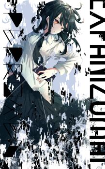 1girl absurdres alternate_eye_color alternate_hair_length alternate_hairstyle black_boots black_eyes black_necktie black_skirt boots bow cellphone closed_mouth collared_shirt glitch hair_bow hand_in_pocket hashtag-only_commentary highres holding holding_phone long_sleeves looking_to_the_side medium_hair muraryo nail_polish necktie no_headwear orange_eyes orange_nails phone reflection shirt skirt skirt_pocket sleeve_cuffs smartphone solo touhou translation_request usami_renko white_background white_bow white_shirt