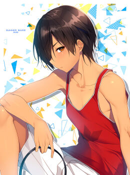 1boy 2022 abstract_background arm_on_knee brown_eyes brown_hair closed_mouth collarbone commentary_request copyright_name dark-skinned_male dark_skin from_side hair_over_one_eye highres holding ikezawa_kazuma kagetsu_kei knee_up looking_at_viewer male_focus one_eye_covered outline red_tank_top short_hair shorts sitting solo summer_wars tank_top white_outline white_shorts