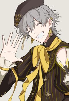 1boy absurdres beret bow bowtie brown_hat brown_shirt buttons caelus_(honkai:_star_rail) closed_eyes clothing_cutout commentary_request earrings floral_print flower flower_earrings grey_background grey_hair hair_between_eyes hair_flower hair_ornament hand_up hat highres honkai:_star_rail honkai_(series) jewelry juliet_sleeves kano_kano_777 long_sleeves male_focus mandarin_collar puffy_long_sleeves puffy_sleeves shirt short_hair shoulder_cutout simple_background smile solo star_ornament striped_clothes striped_shirt teeth trailblazer_(honkai:_star_rail) yellow_bow yellow_bowtie yellow_flower